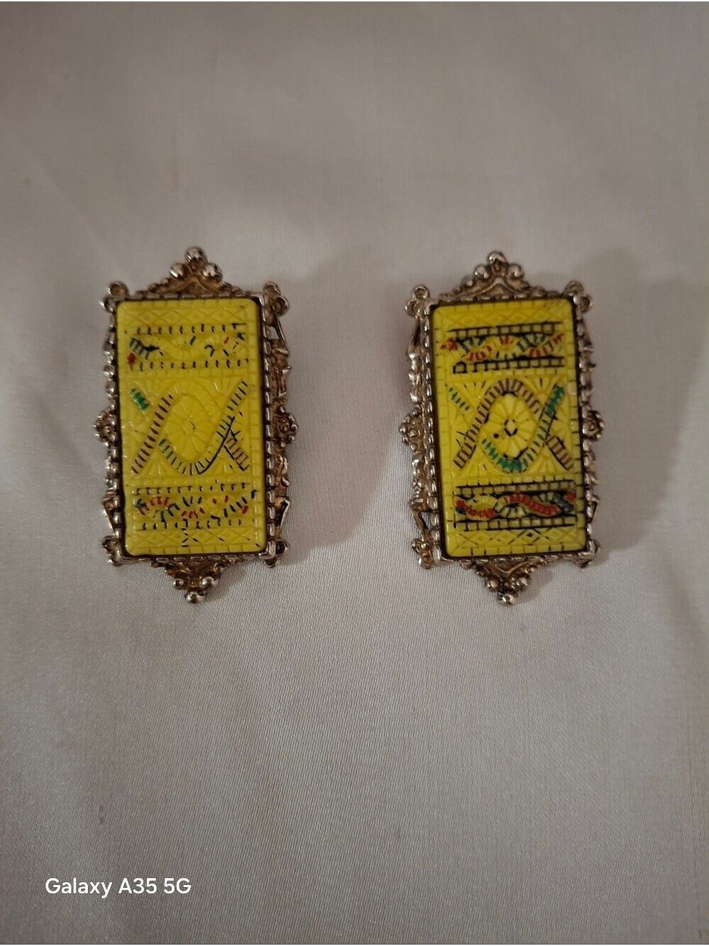 Persian Tile yellow and Silver vintage clip-on earrings